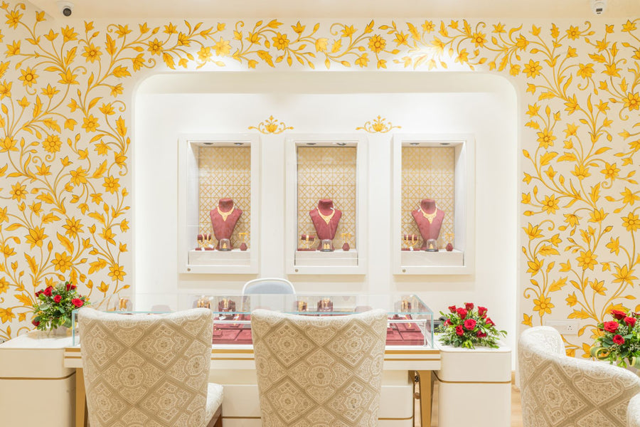 Niches of jewellery in a painted alcove