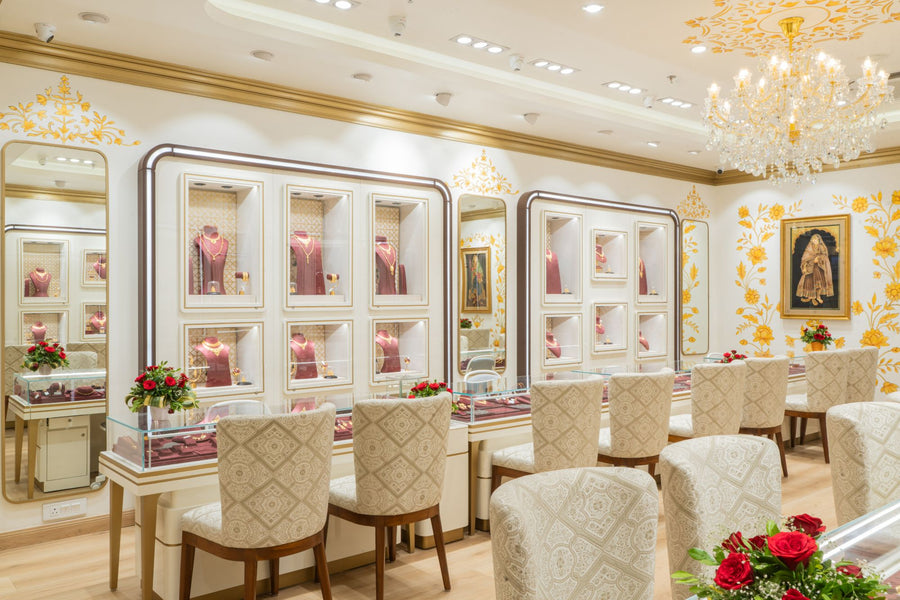 A hall of niches under a crystal chandelier