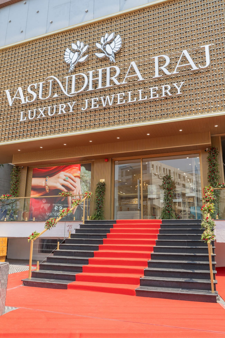 The Vasundhra Raj Luxury Jewellery store in Bilaspur, its steps laid in red