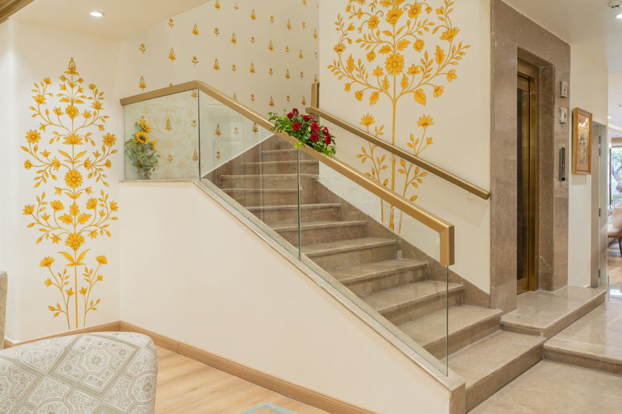 The staircase between painted walls