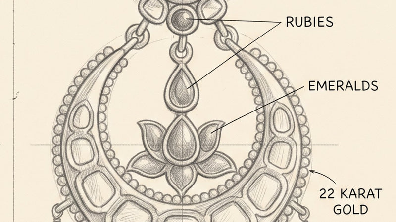A close look at the pencil study of the chandbalis: the crescent set with polki, the lotus, and the labels for the rubies, the emeralds and the gold
